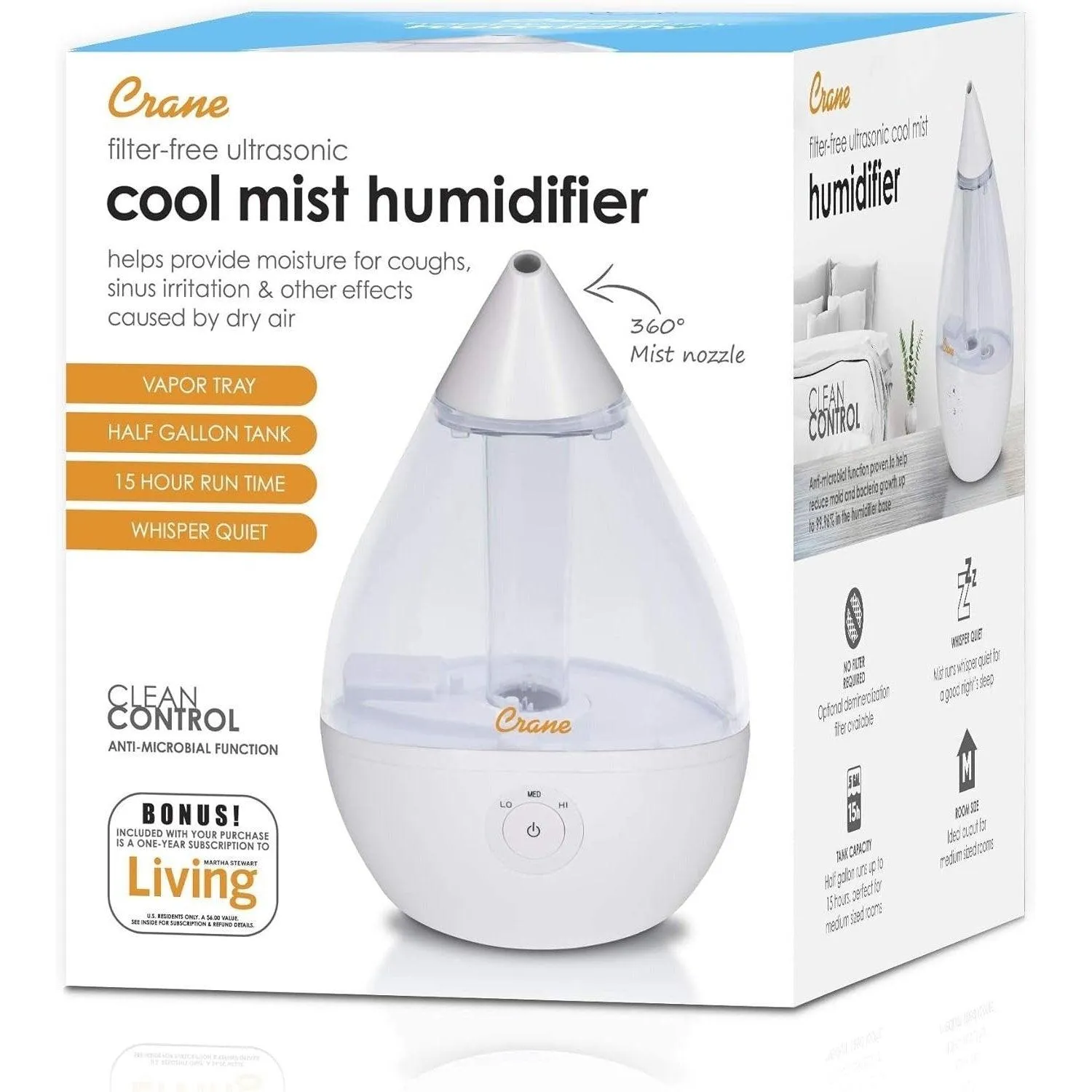 Crane Droplet Ultrasonic Cool Mist Humidifier Clear/White - 0.5 Gallon