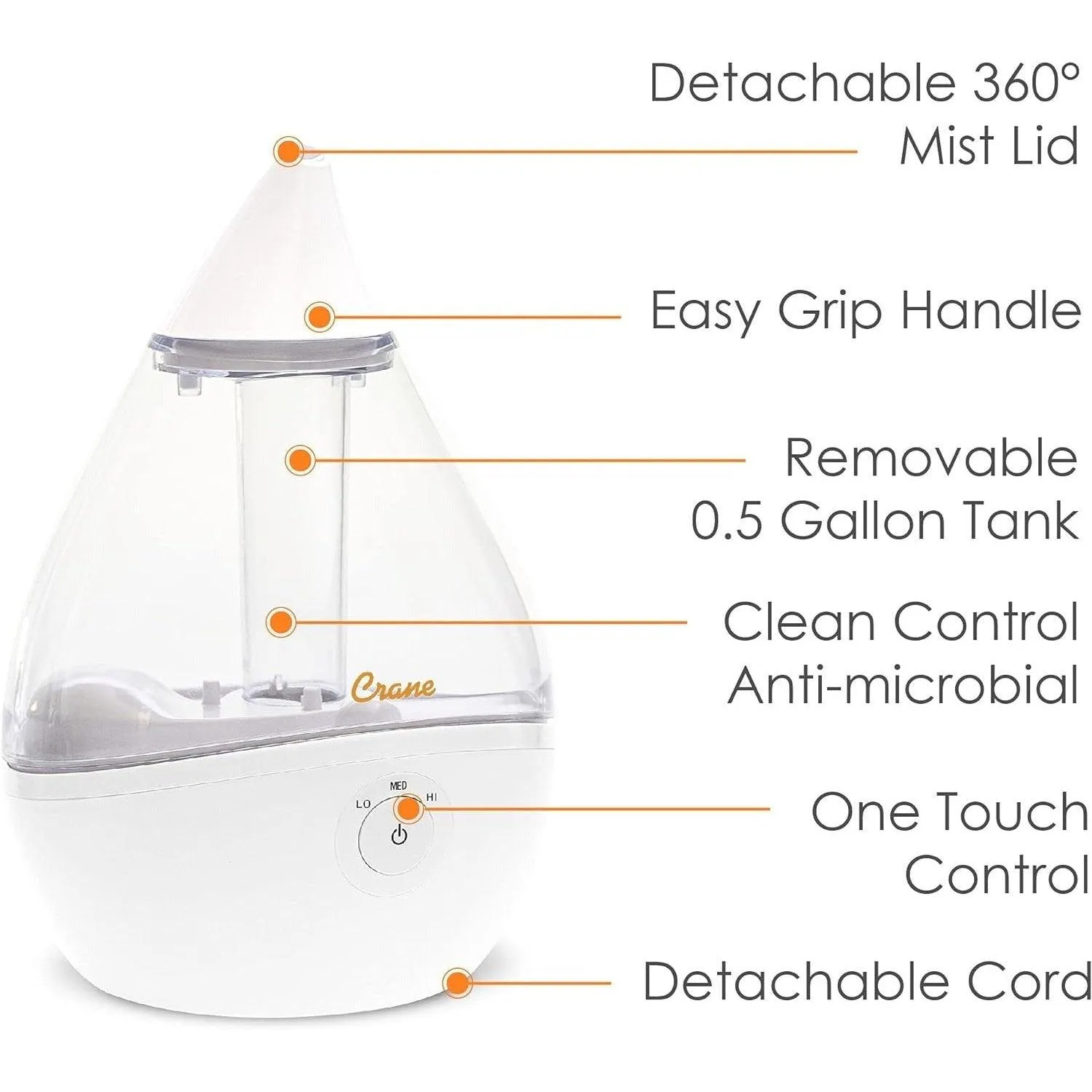 Crane Droplet Ultrasonic Cool Mist Humidifier Clear/White - 0.5 Gallon