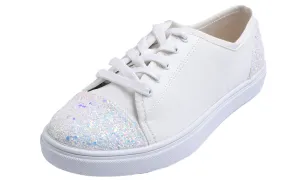 Feversole Women's Fashion Dress Sneakers Party Bling Casual Flats Embellished Shoes Multi White Glitter Cap Lace Up