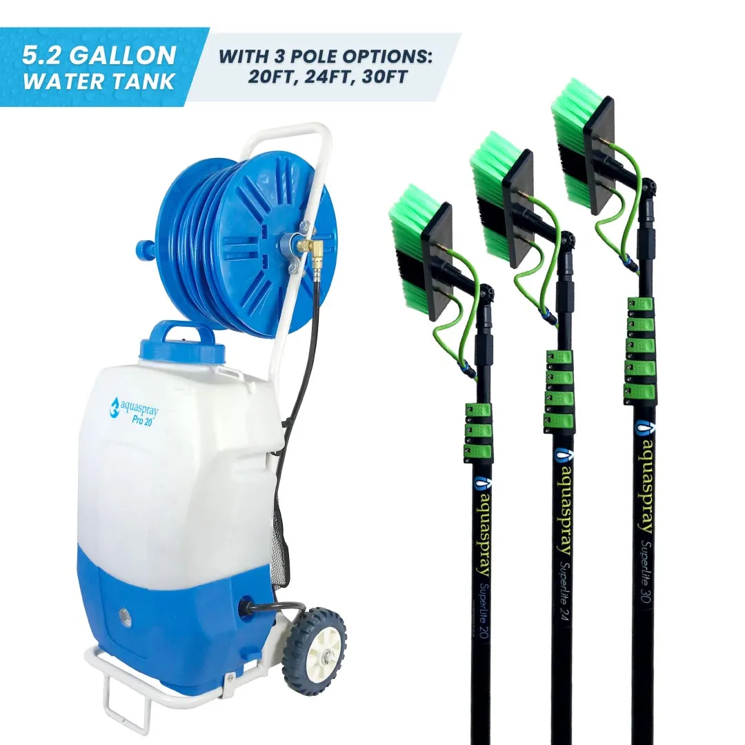 Window and Solar Panel Cleaning System: Rolling 5.2 Gallon Water Tank with Water Fed Pole